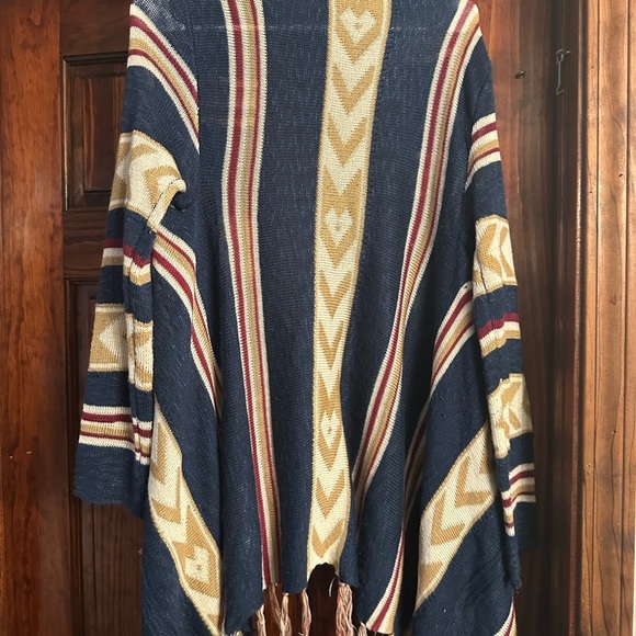 Open Front Oversized Fringe Cardigan with Cowl Button Up Navy - Picture 5 of 9